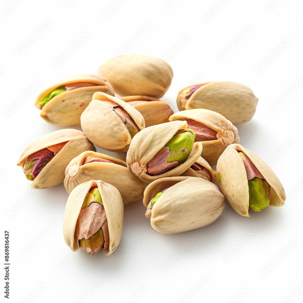 A close-up of tasty pistachios, isolated on a white background A close-up of tasty pistachios, isolated on a white background
