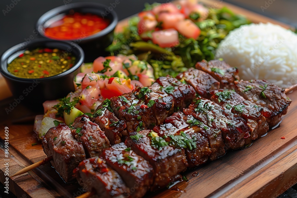 A Lebanese Culinary Delight: Shawarma with Rice, Salad, and Garlic Sauce on a Rustic Board A Lebanese Culinary Delight: Shawarma with Rice, Salad, and Garlic Sauce on a Rustic Board
