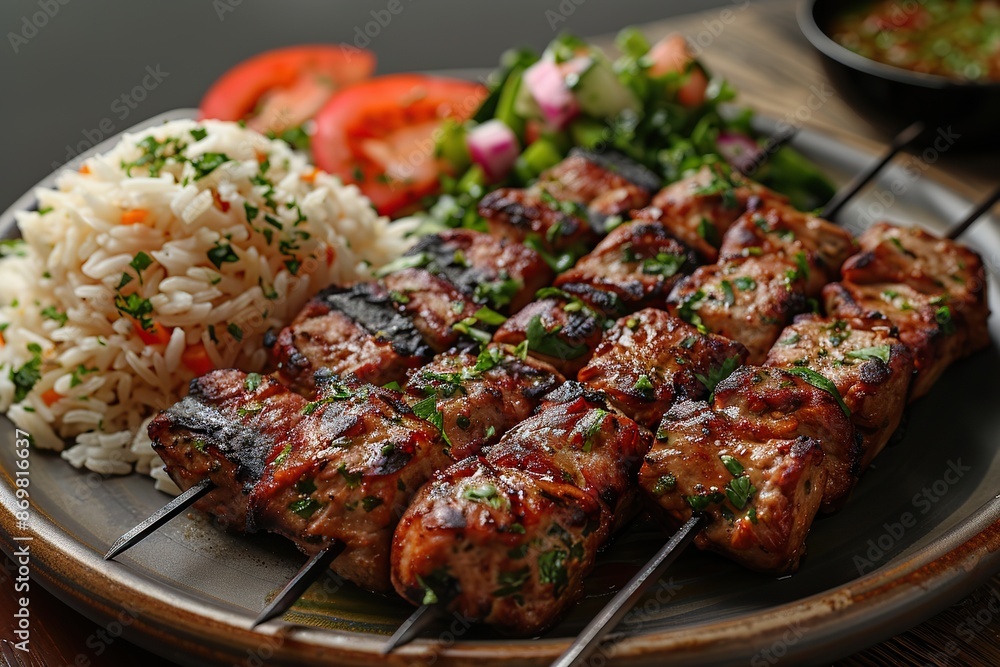 A Culinary Journey to Turkey: Skewered Kebab Platter with Rice and Salad A Culinary Journey to Turkey: Skewered Kebab Platter with Rice and Salad