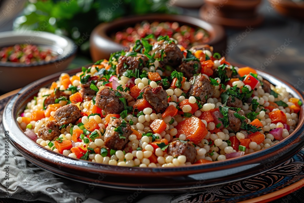 A Vibrant Moroccan Feast: Fluffy Couscous with Vegetables and Lamb Stew A Vibrant Moroccan Feast: Fluffy Couscous with Vegetables and Lamb Stew
