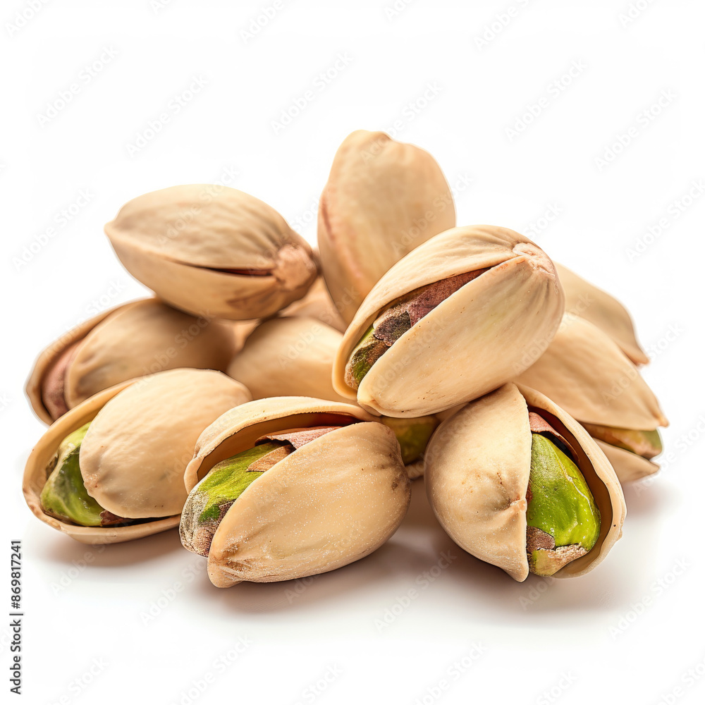 A close-up of tasty pistachios, isolated on a white background A close-up of tasty pistachios, isolated on a white background