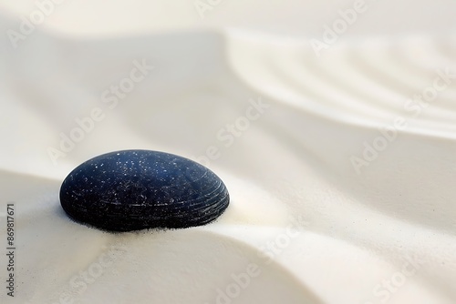 The stark contrast of a black pebble on a white sand dune