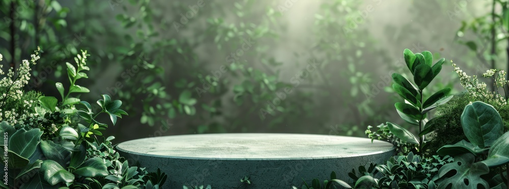 Stone podium tabletop floor outdoors blurred green leaf tropical forest plant nature background.Beauty cosmetic natural product placement pedestal display,jungle summer concept. High quality photo Stone podium tabletop floor outdoors blurred green leaf tropical forest plant nature background.Beauty cosmetic natural product placement pedestal display,jungle summer concept. High quality photo