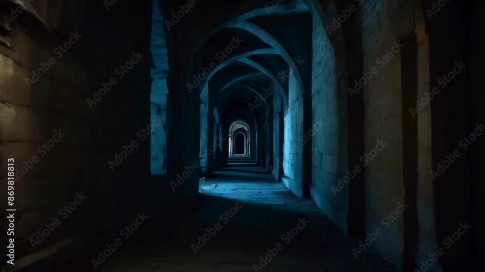 Spooky corridor of a old castle. Walking through a dark and scary place. A terrifying castle with Doors and a long corridor Spooky corridor of a old castle. Walking through a dark and scary place. A terrifying castle with Doors and a long corridor