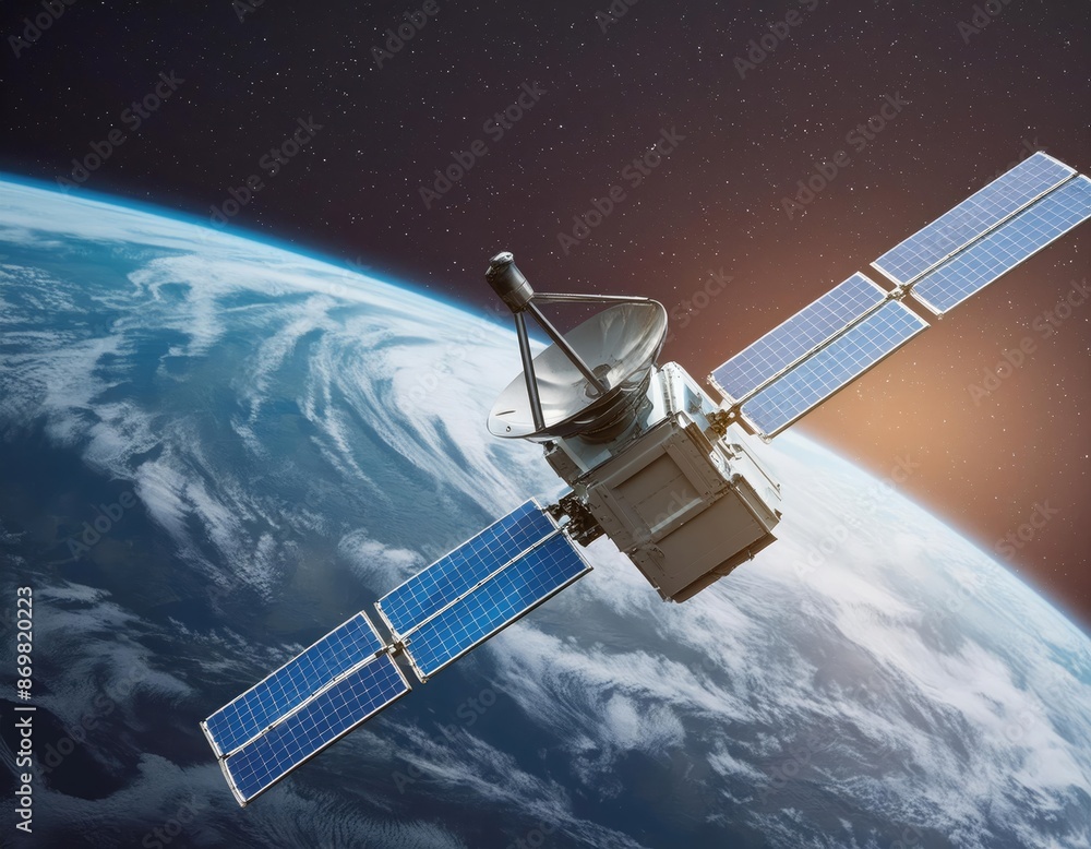Obraz premium Small satellite in space, set against the backdrop of the Earth. Generated with AI