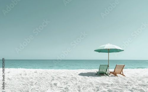 Two Beach Chairs and Umbrella on a Sunny Beach