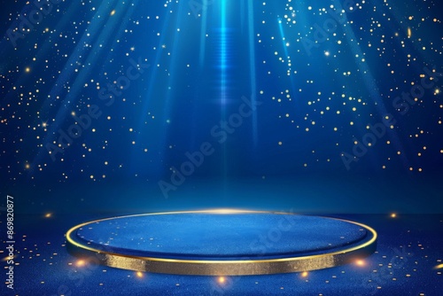 Empty podium blue background with golden line and glitter, light neon effects, 3D illustration