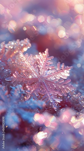Winter background with snowflake. Christmas floating ice crystals in bright colors. Close-up of landscape with snow and ice. © Evandro