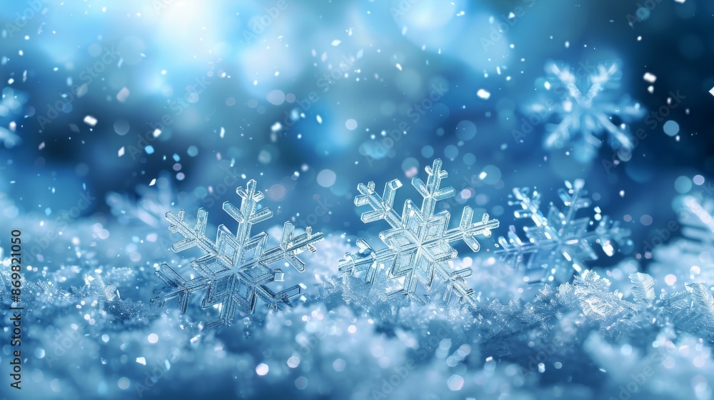 Winter background with snowflake. Christmas floating ice crystals in bright colors. Close-up of landscape with snow and ice. Winter background with snowflake. Christmas floating ice crystals in bright colors. Close-up of landscape with snow and ice.