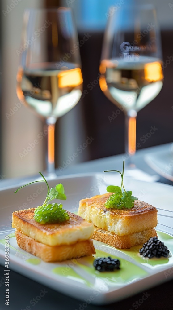 Two cheese and caviar toast pieces on white plate with garnish Two cheese and caviar toast pieces on white plate with garnish