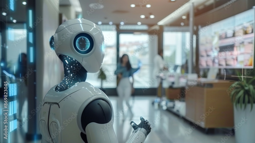Person interacting with robots and virtual reality, Integration of Artificial Intelligence into people's lives at home. Person interacting with robots and virtual reality, Integration of Artificial Intelligence into people's lives at home.