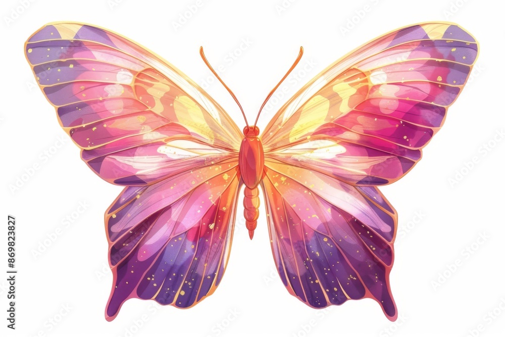 A delicate butterfly with vibrant sunset-inspired wings, featuring a mesmerizing blend of pink, purple, and gold hues. The illustration showcases the butterfly's gentle beauty. A delicate butterfly with vibrant sunset-inspired wings, featuring a mesmerizing blend of pink, purple, and gold hues. The illustration showcases the butterfly's gentle beauty.