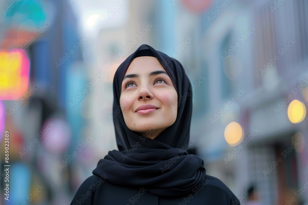 Beautiful charming young middle eastern muslim woman wearing a hijab posing at a city streets sunset looking up very happy with hope and peaceful mind Beautiful charming young middle eastern muslim woman wearing a hijab posing at a city streets sunset looking up very happy with hope and peaceful mind