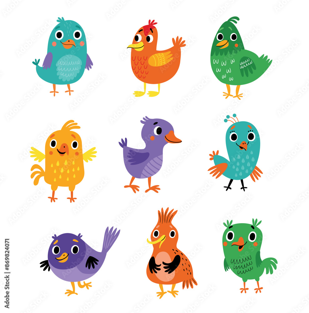 Set of funny and cheerful vector birds Set of funny and cheerful vector birds