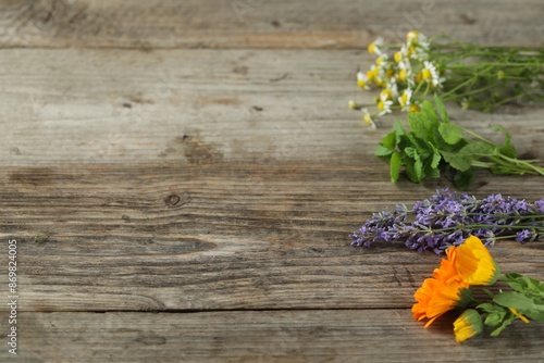 Beautiful calendula flowers, lavender, mint and chamomiles on wooden table, space for text