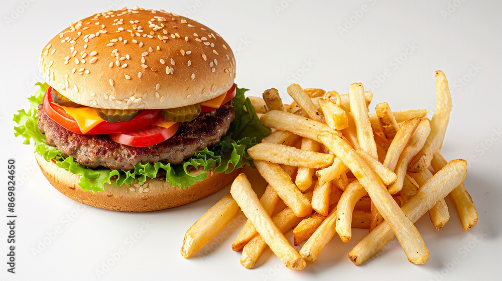 Delicious cheeseburger with fresh lettuce, tomato, pickles, and cheese, served with crispy golden French fries on a white background. The perfect classic fast food meal. Delicious cheeseburger with fresh lettuce, tomato, pickles, and cheese, served with crispy golden French fries on a white background. The perfect classic fast food meal.