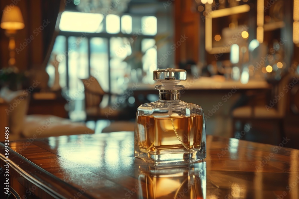 Luxurious Air Freshener in Elegant Bottle on Polished Wooden Table in Modern Interior Luxurious Air Freshener in Elegant Bottle on Polished Wooden Table in Modern Interior