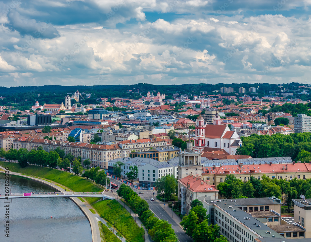 Naklejka premium Vilnius, Lithuania. Aerial view of old town, old town and city center next to Neris river and White bridge. Panoramic drone photo
