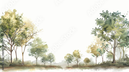 watercolor background with copy space. backdrop with green trees