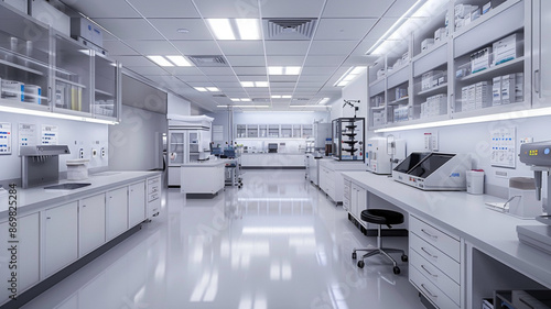 Capture the clean, advanced design of a pathology lab with diagnostic tools and organized workspaces 