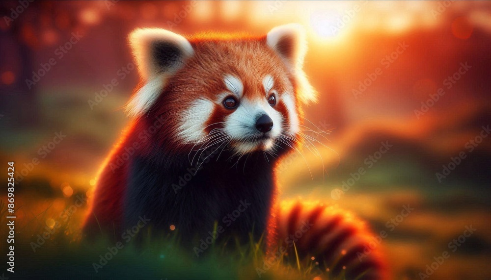Obraz premium roter Pandabär im Sonnenuntergang