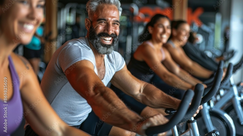 People cycling and working out happily on exercise bike in gym People cycling and working out happily on exercise bike in gym
