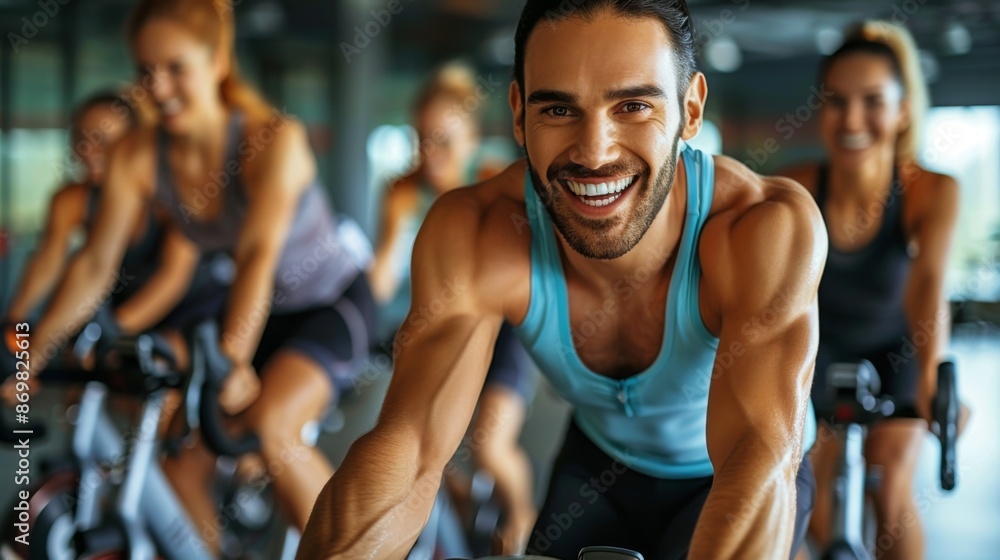 People cycling and working out happily on exercise bike in gym People cycling and working out happily on exercise bike in gym