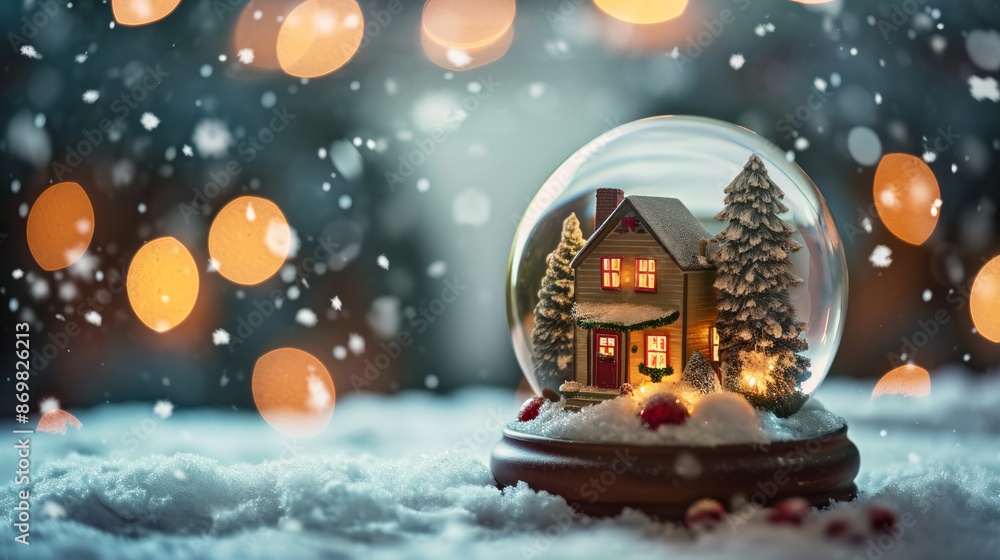 Fototapeta premium Miniature Christmas scene with tiny house in snow glass Globe