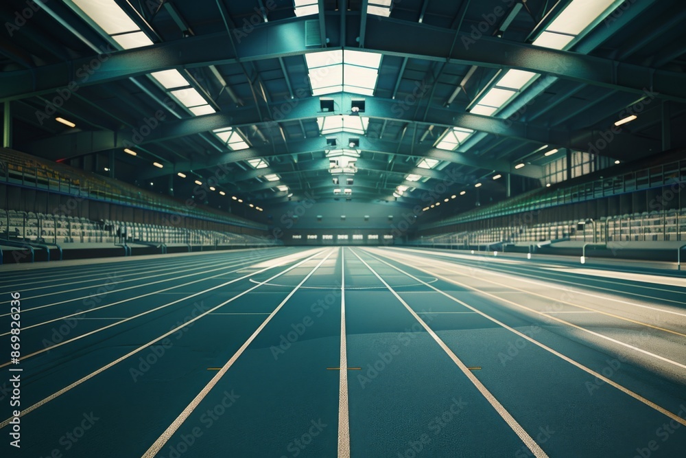 A serene and immaculate track and field arena awaits the arrival of athletes, ready to host a thrilling competition. The bright sun casts a warm glow on the freshly marked lanes and grassy infield. A serene and immaculate track and field arena awaits the arrival of athletes, ready to host a thrilling competition. The bright sun casts a warm glow on the freshly marked lanes and grassy infield.