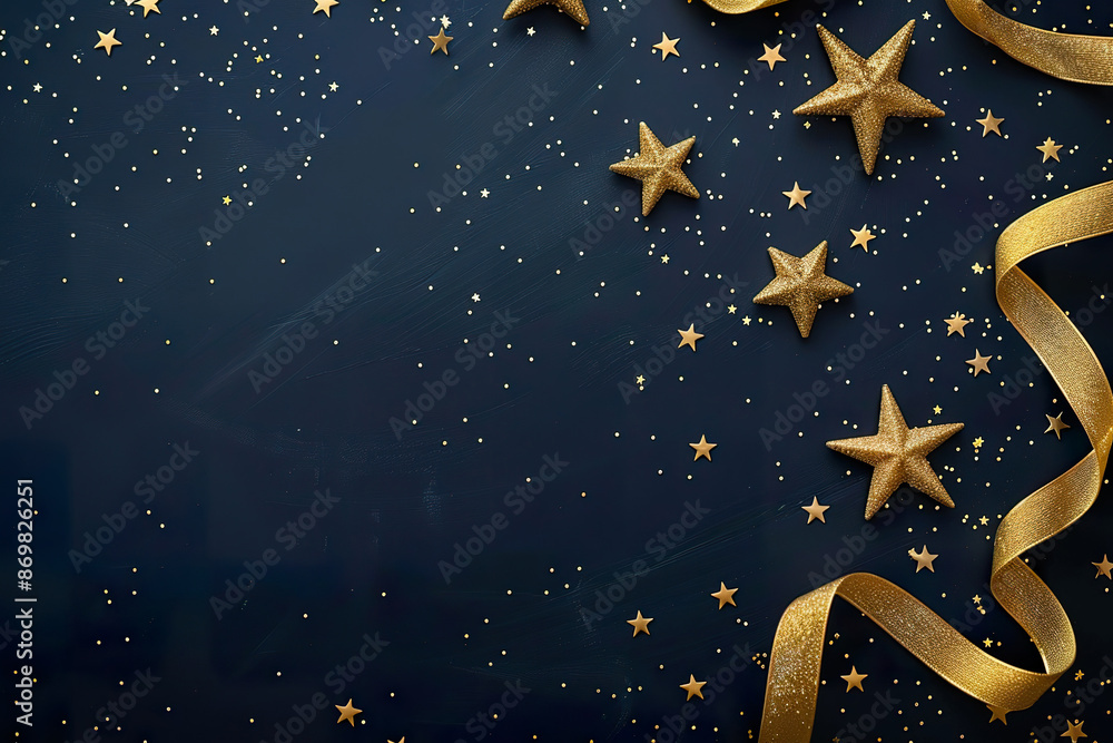 Naklejka premium A blue background with gold stars and a gold ribbon, generative ai image.