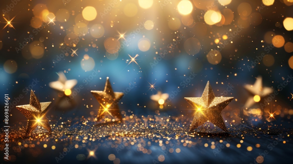 Shiny golden stars on navy blue background. Holiday confetti on New Year's Eve bokeh wallpaper, Christmas, beautiful wallpaper. Shiny golden stars on navy blue background. Holiday confetti on New Year's Eve bokeh wallpaper, Christmas, beautiful wallpaper.
