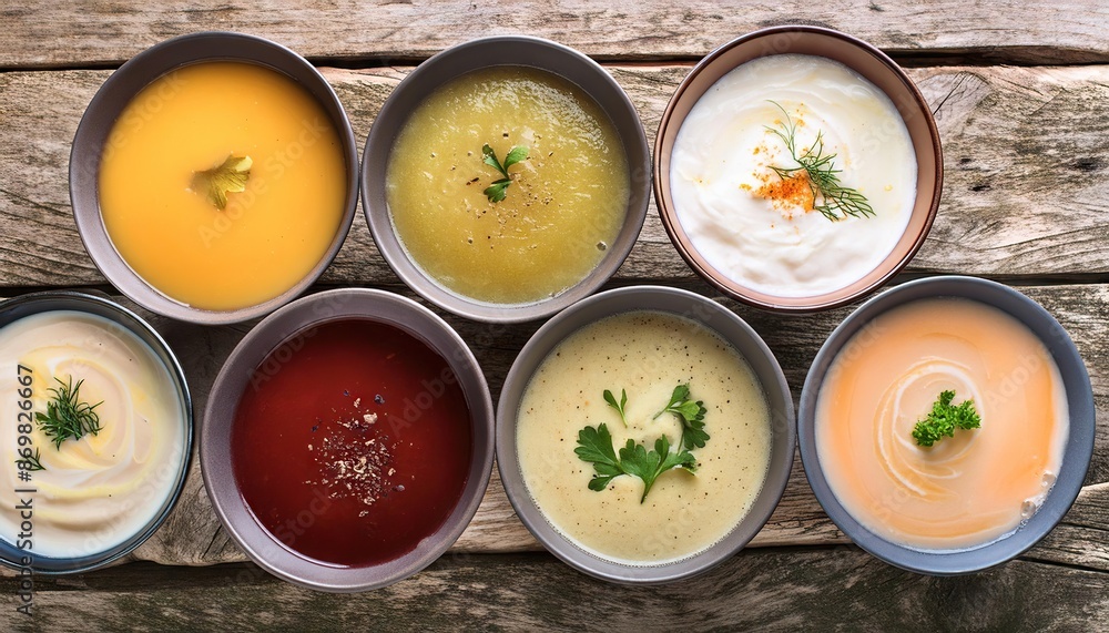 flat lay tasty broth and different cream soups in bowls on old wooden table flat lay tasty broth and different cream soups in bowls on old wooden table