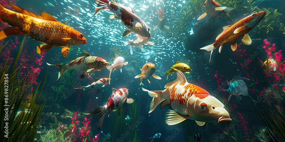 Naklejka premium Vibrant Koi Fish in Garden Pond