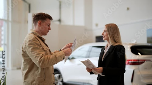 Wallpaper Mural Young happy man buying car receiving documents shaking hands with female manager in dealership office. Car saleswoman finishing up dealing car and shaking hands. Concept of buying new auto at showroom Torontodigital.ca