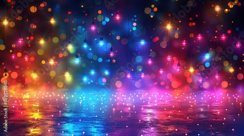Abstract string of colorful Christmas lights. Holiday wallpaper. Background glowing celebration lamps.