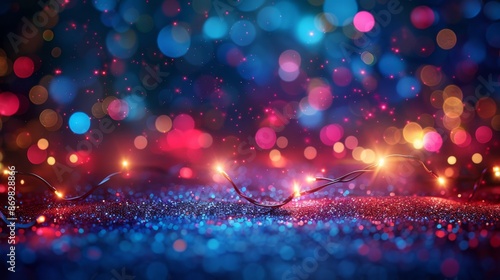 Abstract string of colorful Christmas lights. Holiday wallpaper. Background glowing celebration lamps.