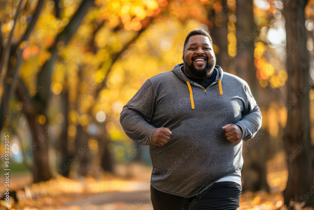 Obraz premium Plus size man jogging in a park, enjoying the outdoors and staying active