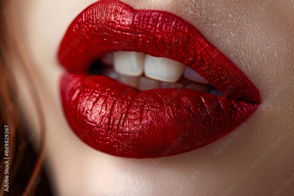 Closeup of red lips with glossy lipstick. Texture and vibrant color Closeup of red lips with glossy lipstick. Texture and vibrant color