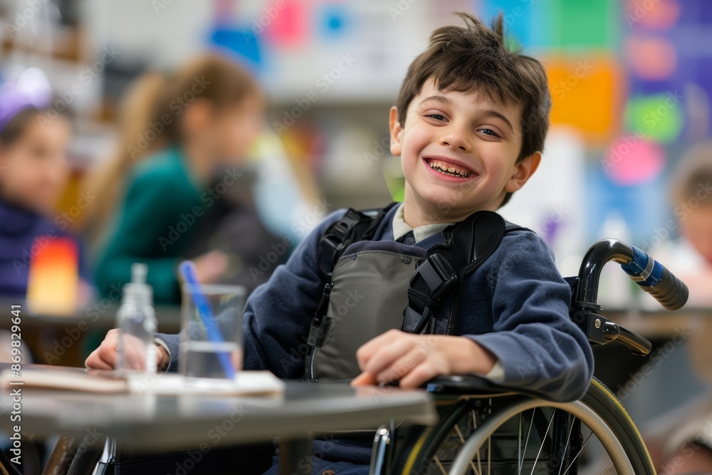 Confident Young Child in Wheelchair Presenting Science Fair Project to Classmates and Teachers Confident Young Child in Wheelchair Presenting Science Fair Project to Classmates and Teachers