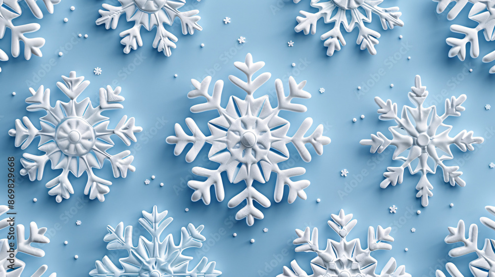 White snowflakes on a plain white or blue background, highlighting their unique symmetrical patterns, seamless pattern, seamless wallpaper. White snowflakes on a plain white or blue background, highlighting their unique symmetrical patterns, seamless pattern, seamless wallpaper.