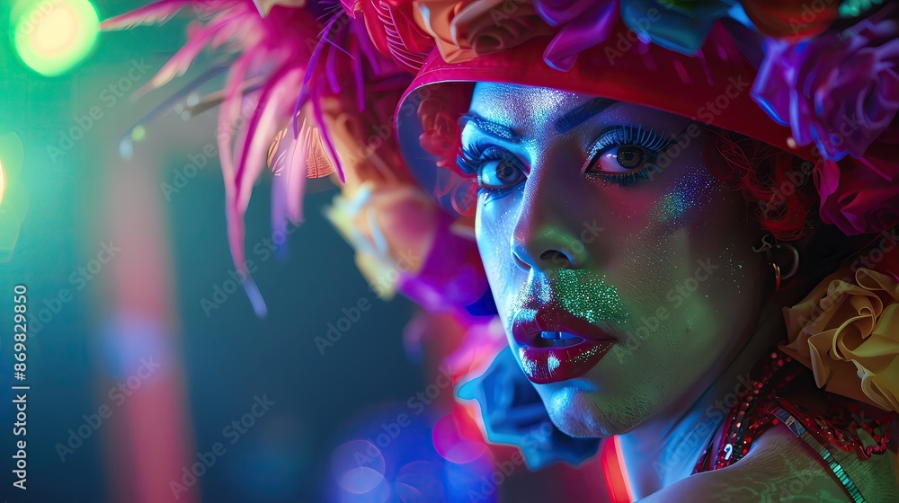 Obraz premium Portrait of a glamorous woman in vibrant makeup and a colorful flower headdress, illuminated by colorful lights at a nightlife event.