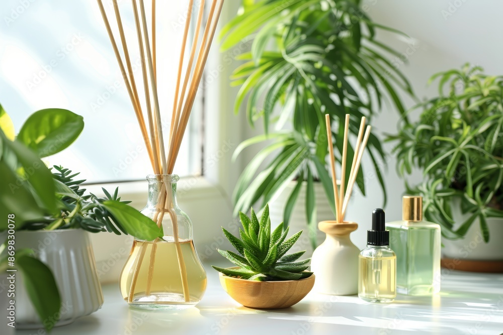 Eco-Friendly Air Freshener Diffuser in Minimalist Living Room with Green Plants for Natural Aroma Eco-Friendly Air Freshener Diffuser in Minimalist Living Room with Green Plants for Natural Aroma