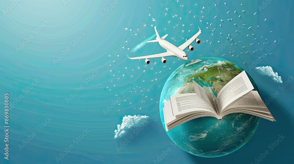 Naklejka premium Airplane flying around the rotating earth, 3D vector. Modern design. World travel concept 