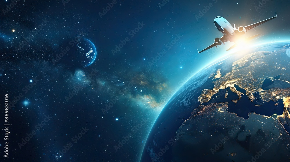 Naklejka premium Airplane flying around the rotating earth, 3D vector. Modern design. World travel concept 