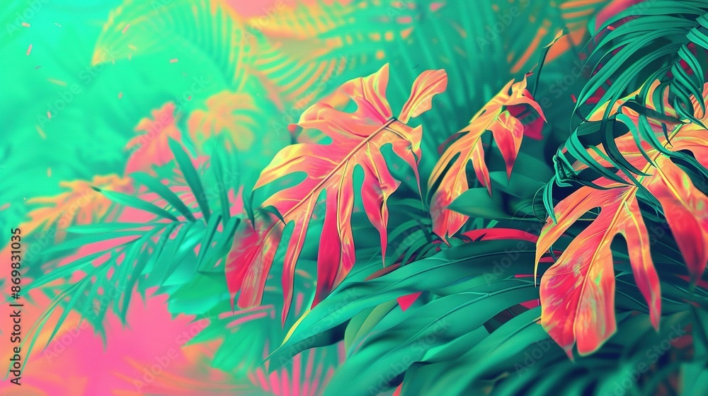   Green and orange leaves on a pink and green background with a pink and blue sky in the background