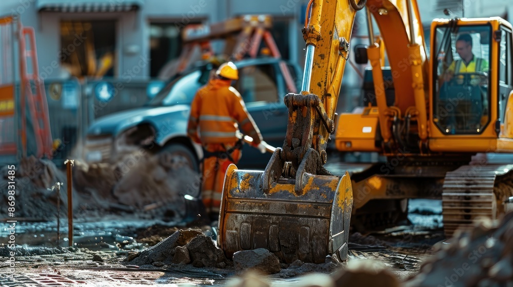 backhoe with construction man backhoe with construction man