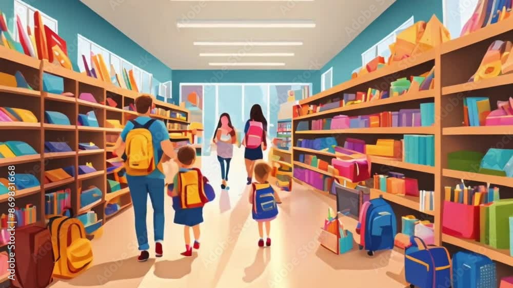 Parents and children browsing stores filled with school supplies and backpacks Parents and children browsing stores filled with school supplies and backpacks