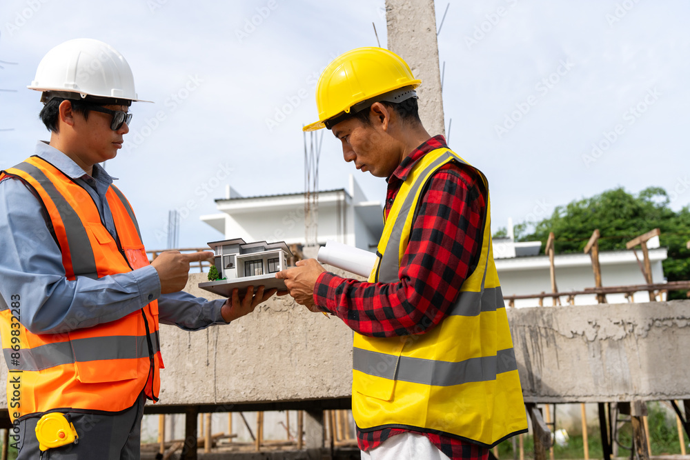 A team of construction engineers talks with managers and construction workers at the construction site. Quality inspection, plans, home and industrial building design projects