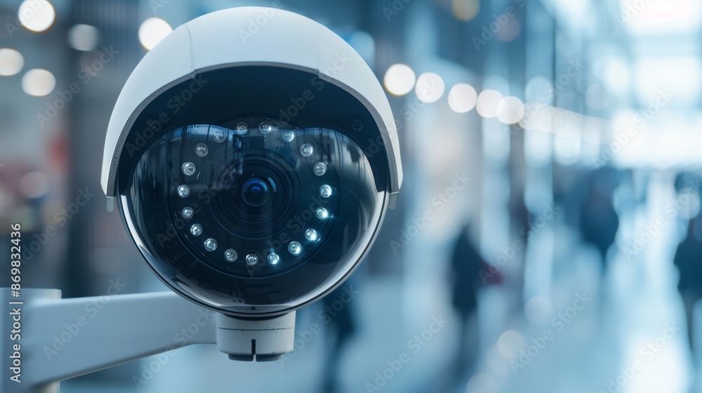 High-resolution surveillance camera mounted on a building, observing a crowded pedestrian zone, enhancing security with modern technology, public safety focus High-resolution surveillance camera mounted on a building, observing a crowded pedestrian zone, enhancing security with modern technology, public safety focus