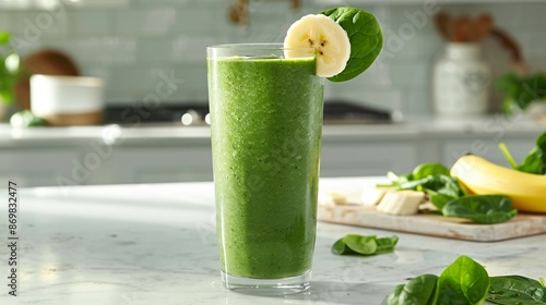 A hearty spinach and banana smoothie in a tall glass, topped with a banana slice and a spinach leaf, placed on a marble counter with a sunny kitchen backdrop